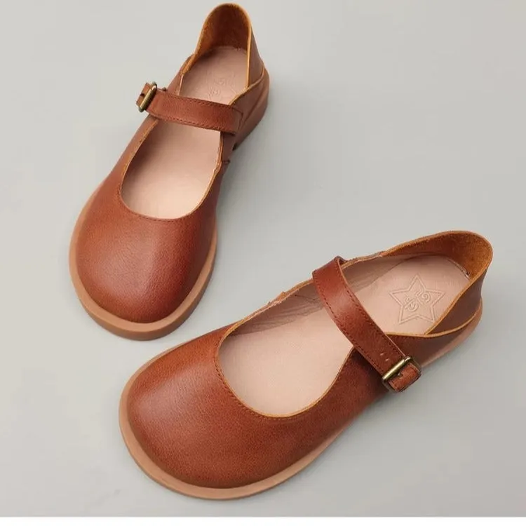 Daily Cute Genuine Leather Mary Jane Round Toe Flat Uniform Shoes
